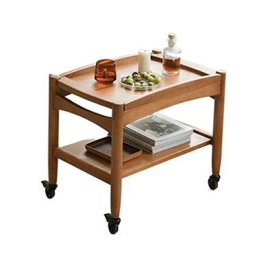Imagem de Mesa lateral moderna de madeira rústica, mesa de canto móvel moderna para sala de estar com bandeja removível, mesas laterais de sofá com prateleira de armazenamento e rodas, mesa de cabeceira de