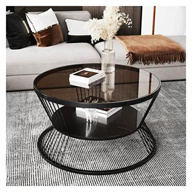 Imagem de Mesa de centro redonda de 59,9 cm com 2 andares com prateleira de armazenamento aberta para sala de estar, mesa de vidro tempared, moldura de metal, mesa central simples e moderna para mesa lateral de