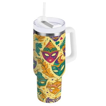 Imagem de Blueangle Copo isolado com padrão de máscaras de carnaval de 1,134 g com alça e tampa de palha, caneca de viagem reutilizável de aço inoxidável (35)