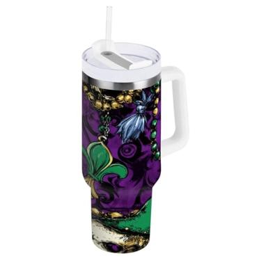 Imagem de Blueangle Copo isolado com tema Mardi Gras de 1,134 g com alça e tampa de palha, caneca de viagem reutilizável de aço inoxidável (968)