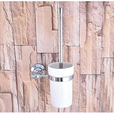 Imagem de Escovas de vaso sanitário, escova de vaso sanitário montada na parede latão cromado polido conjunto de suporte de escova de banheiro acessório de banheiro copo de cerâmica único