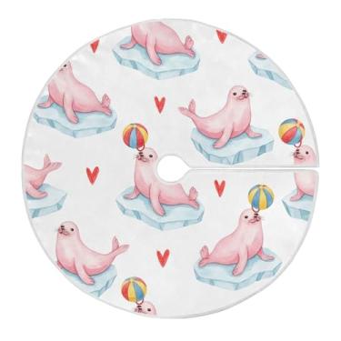 Imagem de Qilmy Leões marinhos brincando com bolas coloridas para árvore de Natal 90 cm, saia de camurça para árvore de Natal, adequada para ambientes internos e externos, festas, escritório, armário 1107