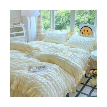 Imagem de Conjunto de cama 3/4 peças Boho Chic Ruffled Seersucker capa de edredom macio e leve fronhas de cama (amarelo creme, saia de cama de 1,5 x 2 m, 4 peças)