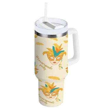Imagem de Blueangle Copo isolado de máscara de carnaval de 1,134 g com alça e tampa de palha, caneca de viagem reutilizável de aço inoxidável (1007)