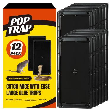Imagem de POPTRAP Armadilha de rato resistente e grande - pacote com 12, armadilha de rato super pegajosa com cola ultra-forte, armadilha de cola de rato com aroma de manteiga de amendoim para interior e