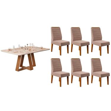 Imagem de Conjunto: Mesa de Cozinha Celeste c/ Tampo Madeirado c/ Vidro Curvo 160x90cm e 6 Cadeiras Ondina Freijo/Off White - Suede Kraft - DJ Móveis