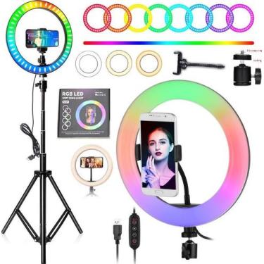 Imagem de Kit Iluminador Ring Light Colorido Led Rgb 26cm + Tripé Profissional S