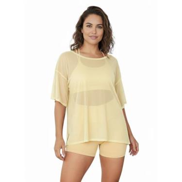 Imagem de Blusao Tule Feminina Fitness Academia Manga Curta Amarelo Cor:AmareloT