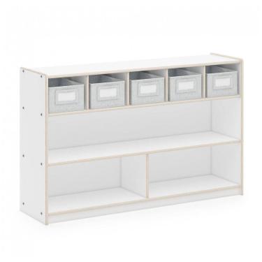 Imagem de Estante baixa Guidecraft EdQ Shelves and 5 Bin Storage Unit 30" Branca com 2 prateleiras e 5 nichos com caixas de tecido 122cm