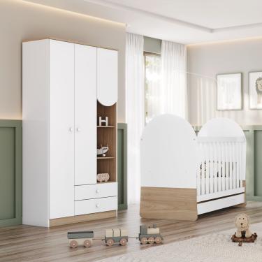 Imagem de Quarto de Bebê com Berço Mini Cama e Guarda Roupa Magia Henn - Branco/Jequitiba HP