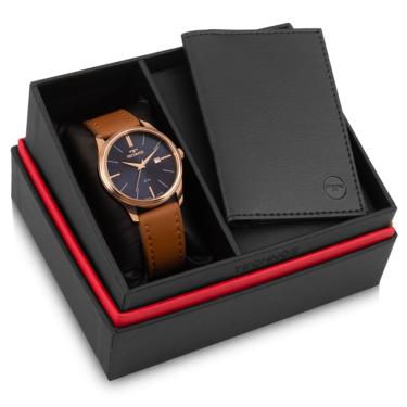 Imagem de Kit Relógio Masculino Technos 2115UBQ-K0A Steel Analógico Pulseira Couro Rosê