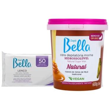 Imagem de Kit Depil Bella Cera Hidrossolúvel Natural 600g e Pacote 50 Folhas Dep
