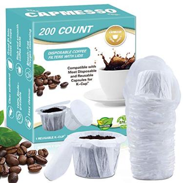Imagem de CAPMESSO Filtros de café descartáveis com tampa, filtro de papel Kerig para cápsulas de porção única reutilizáveis compatíveis com cafeteira Keurg 2.0 e 1.0 (branco, 200)