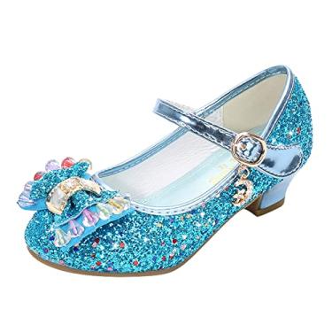 Imagem de Sandálias de princesa infantis para meninas com lantejoulas e laço de strass sapatos de dança de cristal infantil pérola brilhante (azul, 12 anos)