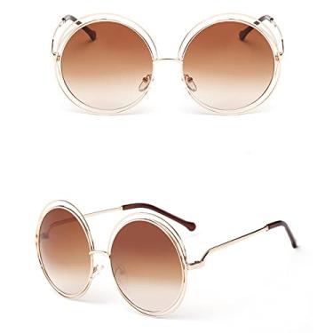 Imagem de Vintage redondo tamanho grande lente espelho óculos de sol feminino designer armação de metal senhora óculos de sol senhora, 4, ouro, chá, outros