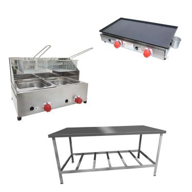Imagem de Kit Lanchonete Mesa de Manipulação 190x70cm + Fritadeira a Gás 2 Cuba + Chapa a Gás 60cm Alcamar