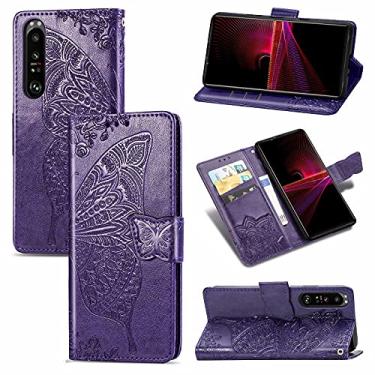 Imagem de HONGYAN Capa de telefone Para Sony Xperia 1 III Butterfly Love Flor em relevo estojo de couro flip horizontal com suporte/cartão/carteira/cordão Capa protetora