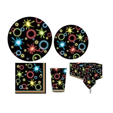 Imagem de Serve 30 | Pacote completo de festa | Suprimentos de festa neon brilhante | pratos de papel de jantar de 22,86 cm | pratos de papel de sobremesa de 17,78 cm | copos de 255,08 g | 3 guardanapos | 1 tamanho: 137,16 cm x 273,88 cm | Tema de festa neon brilhante