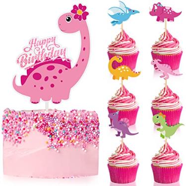 Imagem de 37 peças de topo de bolo de dinossauro rosa para meninas topo de cupcake de dinossauro decorações de festa de aniversário de meninas decorações de bolo de dinossauro colorido para crianças aniversário