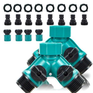Imagem de JUSONEY divisor de mangueira de jardim 2 vias – divisor de mangueira com 2 válvulas, mangueira macho e fêmea, conector rápido perfeito para torneira, mangueira e equipamento de irrigação de rosca de 3/4", divisor de mangueira