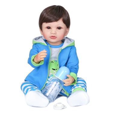 Imagem de Boneca Bebe menino,22"55cm Bebê Reborn de silicone original,Olhos abertos reborn baby realista com genitales traje azul garrafa, chupeta silicone sólido molinho corpo inteiro lavável,Cabelo castanho