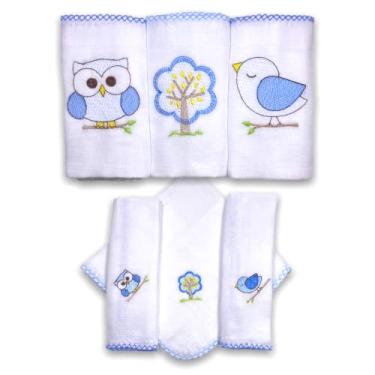 Imagem de Kit 6 Fraldas De Pano Bordadas (3 De Ombro + 3 De Boca) Floresta Azul
