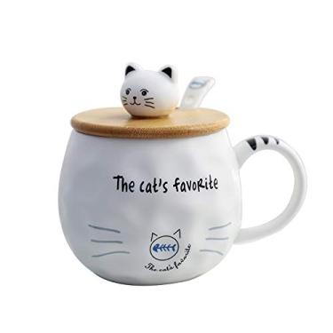 Imagem de Caneca de gato com tampa e colher 3D linda xícara de chá de café de cerâmica conjunto de caneca de casal presente de aniversário para professores, mães, amigas, amantes, (espinha de peixe de gato, 400 ml)
