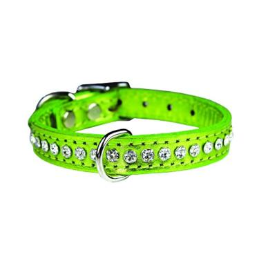 Imagem de OmniPet Coleira de couro de cristal para cães, couro de grão sólido verde-limão metálico, serve para pescoço de 24 a 29 cm