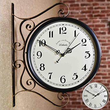 Imagem de Relógio de parede retrô de dois lados com aparência antiga de ferro forjado marrom redondo para pendurar na parede com rolagem para decoração de casa relógio de parede (b) decoração de casa