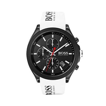 Imagem de BOSS Relógio masculino Velocity de quartzo de aço inoxidável com pulseira de silicone, branco, (modelo: 1513718), Velocity White, Relógio de quartzo