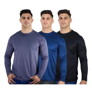 Imagem de Kit 3 Camisetas Masculinas Segunda Pele Térmica 50 UV Dry Cor:1 Preta, 1 Marinho, 1 Cinza;Tamanho:G