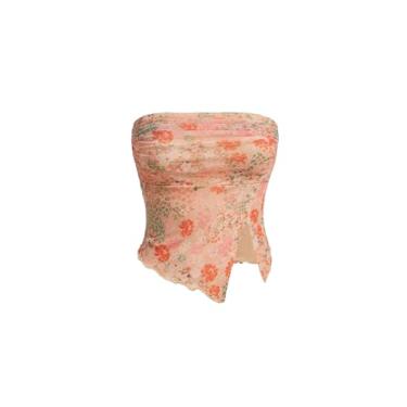 Imagem de Milumia Top feminino de malha floral sem alças franzido bainha dividida sem mangas bandeau cropped tops, Laranja coral, G