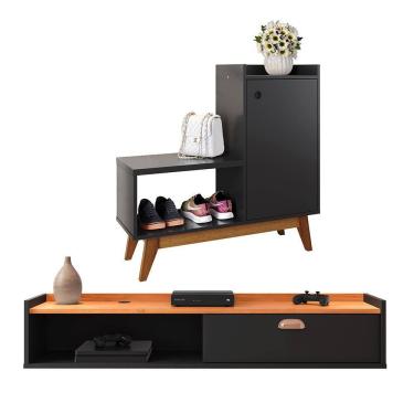 Imagem de Kit Quarto Sapateira Shoes Preto Banquinho Pés Madeira Rack Suspenso Home Decor Sala Decoração Casa Preto/Cinamomo - RPM Móveis