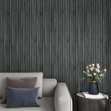 Imagem de YENHOME Papel de parede de madeira preta, papel de parede descascar e colar, papel de parede de ripas de madeira 43 cm x 500 cm, painel de madeira sintética natural, papel de parede removível de grão