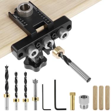 Imagem de QENWKXZ Kit de gabarito de cavilhagem de liga de alumínio 3 em 1 guia de furo de broca gabarito localizador de perfuração preciso guia de posicionamento de perfurador portátil com brocas de 8 mm 10 mm