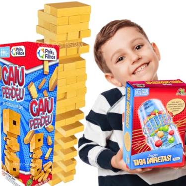 Imagem de Kit 2 jogos de tabuleiro infantil pedagogicos educativos Jogo Caiu Perdeu Torre de Blocos Madeira mdf presente brinquedo criança 5 anos menino menina + Tira Vareta Tubo Pega Varetas Art Brink