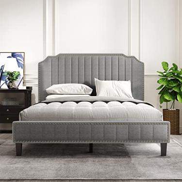 Imagem de Estrutura de cama plataforma estofada tamanho queen com acabamento em forma de prego suporte de ripas de madeira sem necessidade de mola de caixa fácil montagem sem colchão cinza 210,8 cm x 162,6 cm x