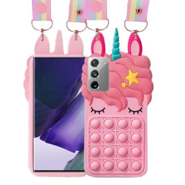 Imagem de Capa de unicórnio compatível com Samsung Galaxy Note 20 5G com cordão de 17.5 cm, desenho 3D fofo de silicone macio, capa de bolha animada para descomprimir para crianças, adolescentes, meninas, rosa