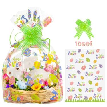Imagem de WeDoSoy 10 sacos de cesta de Páscoa, 56 x 81 cm com 10 peças de laço de puxar - sacos de cesta de violoncelo com estampa de ovo de Páscoa, embalagem de celofane para decoração de festa de presente
