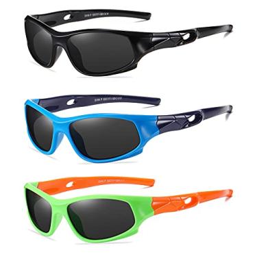 Imagem de DYLB Pacote com 3 óculos de sol polarizados flexíveis para meninos e meninas com alça, óculos de sol esportivos para crianças de 3 a 10 anos, Preto + azul escuro + verde laranja, Medium