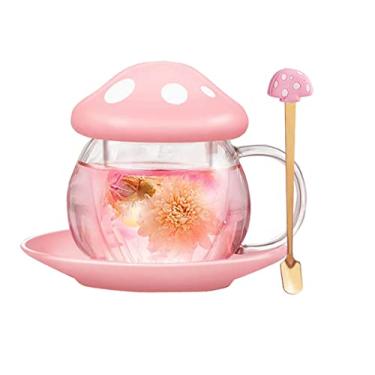 Imagem de Xícara de chá de cogumelo com infusor e tampa, lindo conjunto de xícara de chá de vidro para chá de folhas soltas, caneca e pires transparentes Kawaii com colher e alça, xícaras de chá de Natal