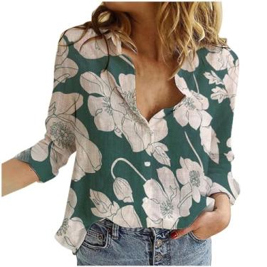 Imagem de Camiseta feminina de linho de verão, estampa floral, manga comprida, gola V, botões, plus size, camisa casual, Verde menta, XXG