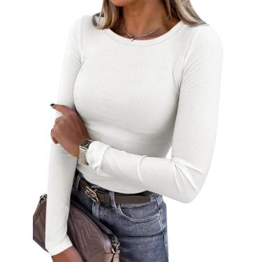 Imagem de ioiohahaun Camiseta feminina de manga comprida elástica gola redonda canelada casual básica, Branco, M