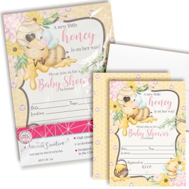 Imagem de Amanda Creation Convites de chá de bebê de mel para meninas, 20 5x7 dupla face, preenchimento de abelha, convites de chá de bebê com vinte envelopes brancos, cartões de chá de bebê Little Honey Bee