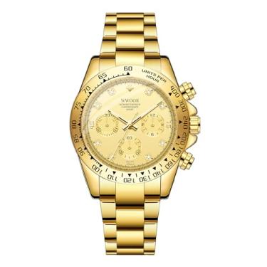 Imagem de WWOOR Relógio masculino analógico de quartzo, cronógrafo, aço inoxidável, luminoso, masculino, negócios, trabalho, esporte, casual, vestido elegante, presentes para homens, Ouro 8849, Medium, relógio