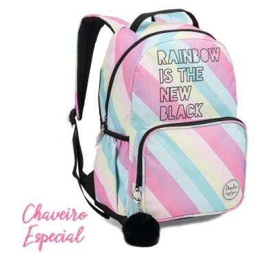 Imagem de Mochila Escolar Feminina Juvenil Listrada com Pompom Denlex 