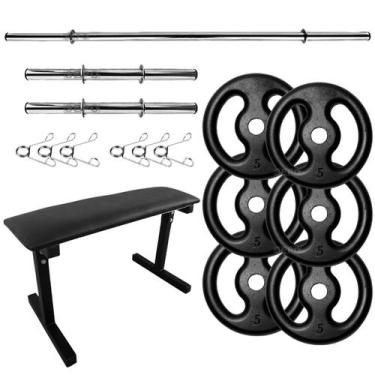 Imagem de Kit Musculação Academia Fitness Banco + 3 Barras e Anilhas - SEPO