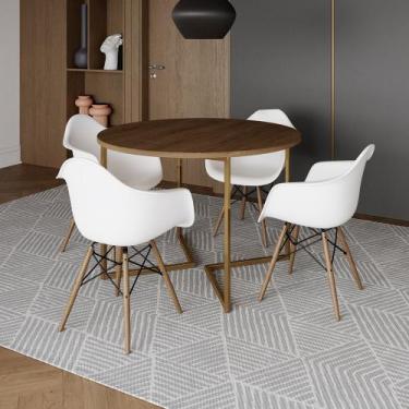 Imagem de Mesa Jantar Industrial Redonda 110cm Amêndoa Base V Dourada com 4 Polt