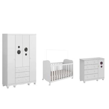 Imagem de Quarto Completo Bebê Moveis Peroba Bolinha Uli  04 portas, Branco