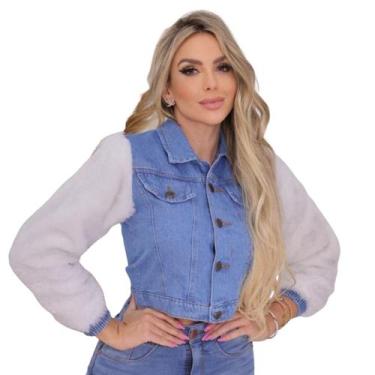 Imagem de Jaqueta Jeans Feminina Cropped Manga Longa Peluciada Tendência Inverno